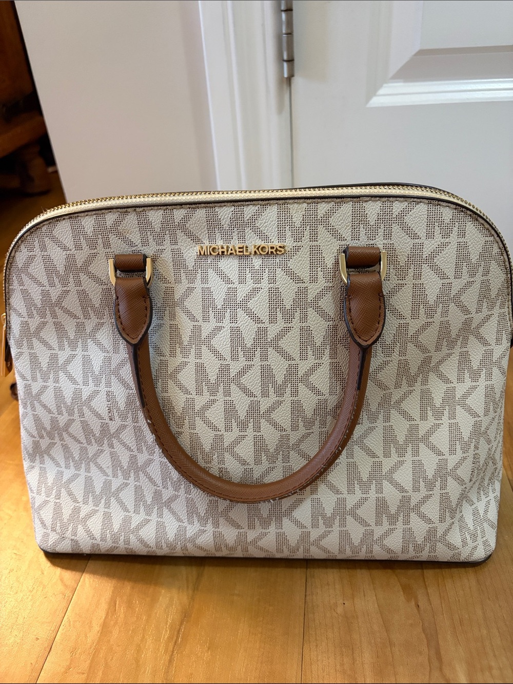 Michael Kors Cream Signature MK Dome Satchel with Brown Trim